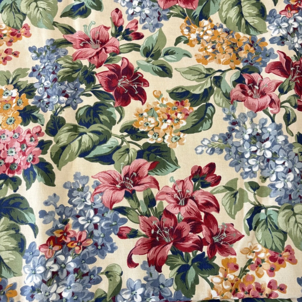 Amtex Amgard Floral Fabric Vintage 4 Yards Cream Burgundy Blue Cotton 1990s